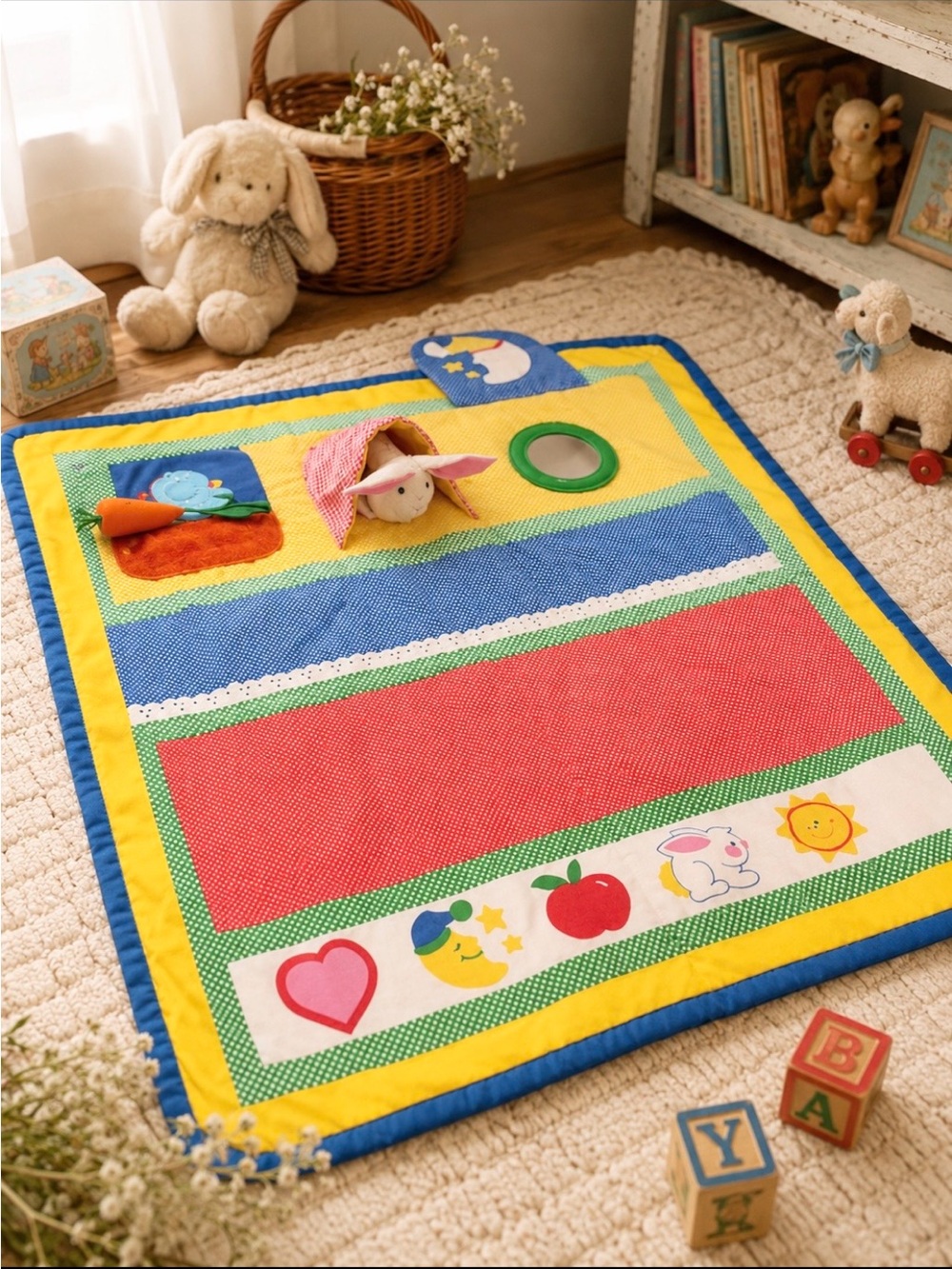 Vintage 80's Playskool Baby Fold & Go Activity Quilt Sensory Play Mat W/ BUNNY